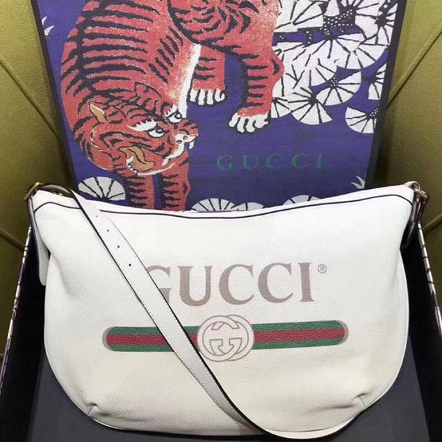 Gucci Leather Print Half-Moon Hobo Bag 523588 White 2018