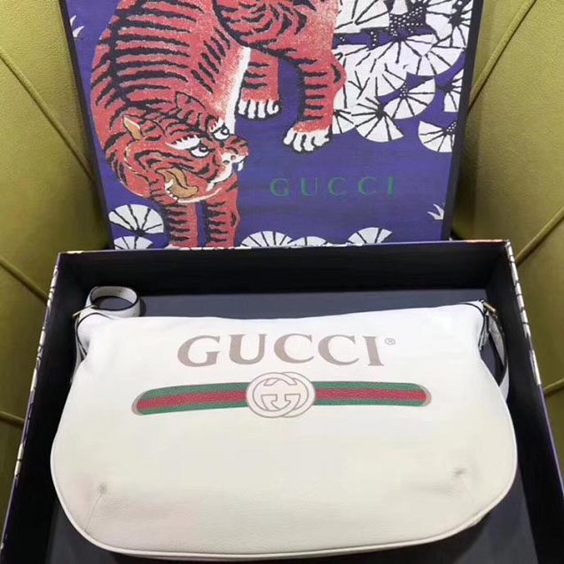 Gucci Leather Print Half-Moon Hobo Bag 523588 White 2018