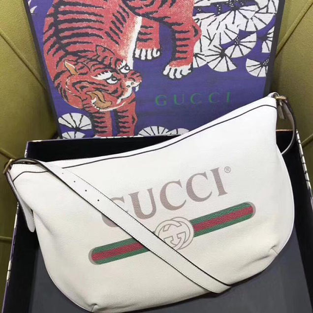 Gucci Leather Print Half-Moon Hobo Bag 523588 White 2018