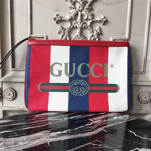 Gucci Sylvie Baiadera Linen Canvas Print Pouch 524788 2018