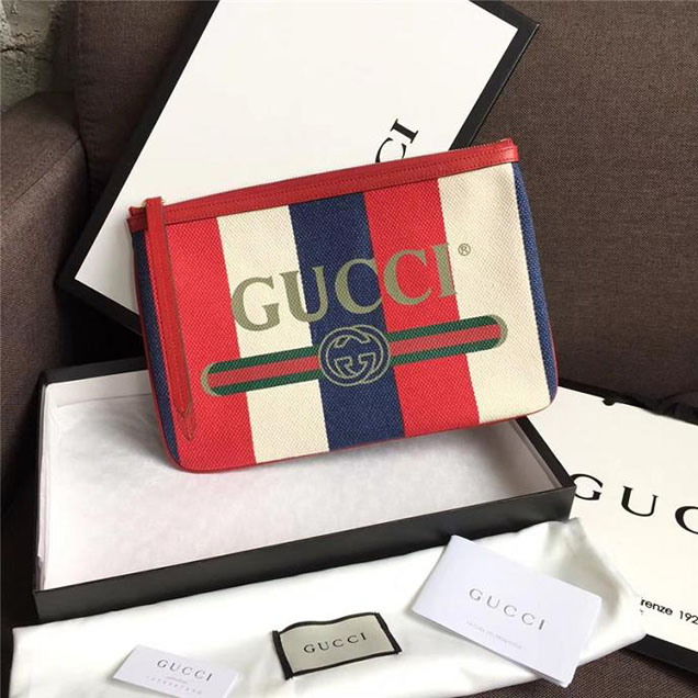 Gucci Sylvie Baiadera Linen Canvas Print Pouch 524788 2018
