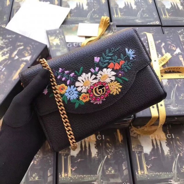 Gucci Embroidered Leather Mini Shoulder Bag 499314 Black 2018 Collection
