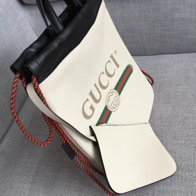Gucci Print Leather Vintage Logo Drawstring Small Backpack Bag 523586 White 2018