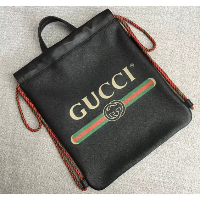 Gucci Print Leather Vintage Logo Drawstring Small Backpack Bag 523586 Black 2018