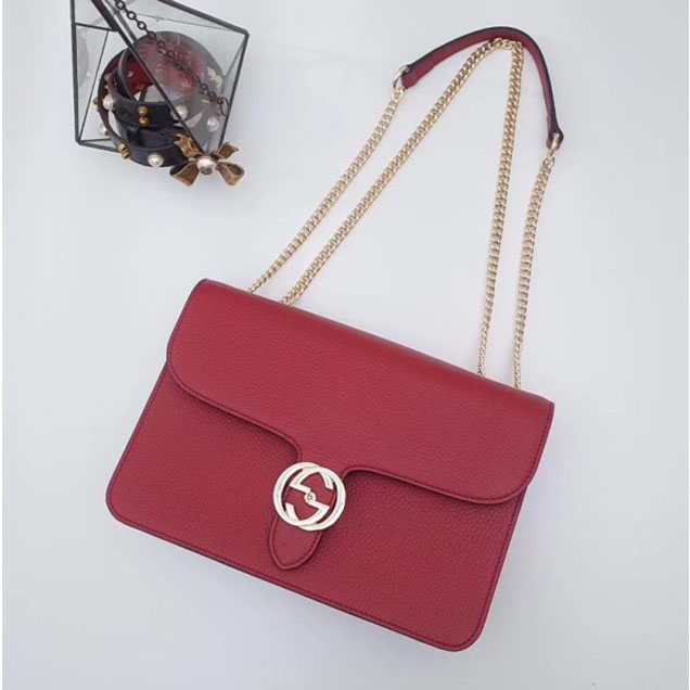 Gucci Interlocking G Buckle Chain Leather Shoulder Large Bag 510303 Red 2018