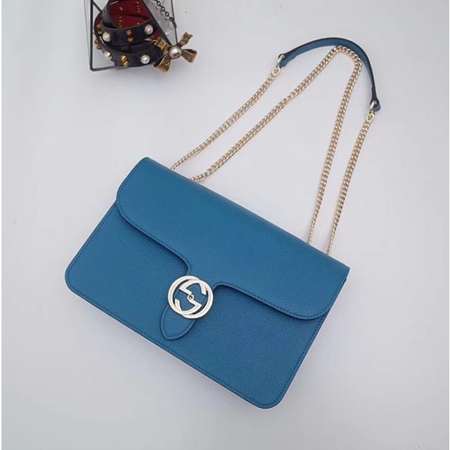 Gucci Interlocking G Buckle Chain Leather Shoulder Large Bag 510303 Cyan 2018