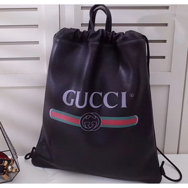 Gucci Print Leather Vintage Logo Drawstring Backpack Bag 494053 Black 2018