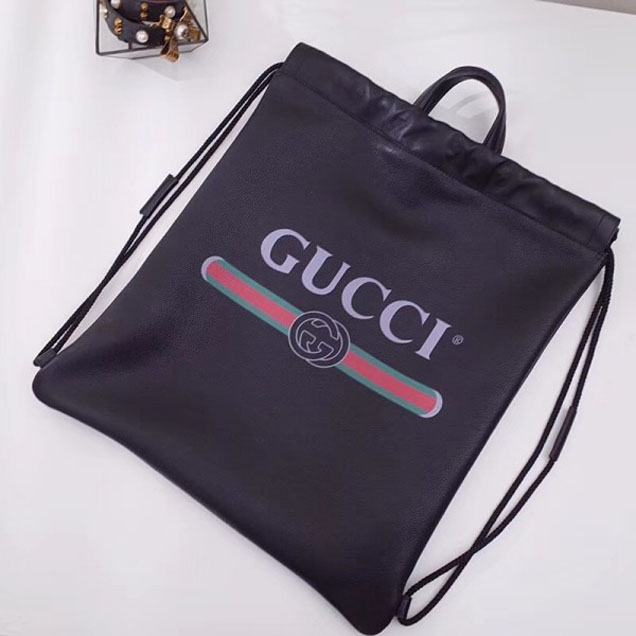 Gucci Print Leather Vintage Logo Drawstring Backpack Bag 494053 Black 2018