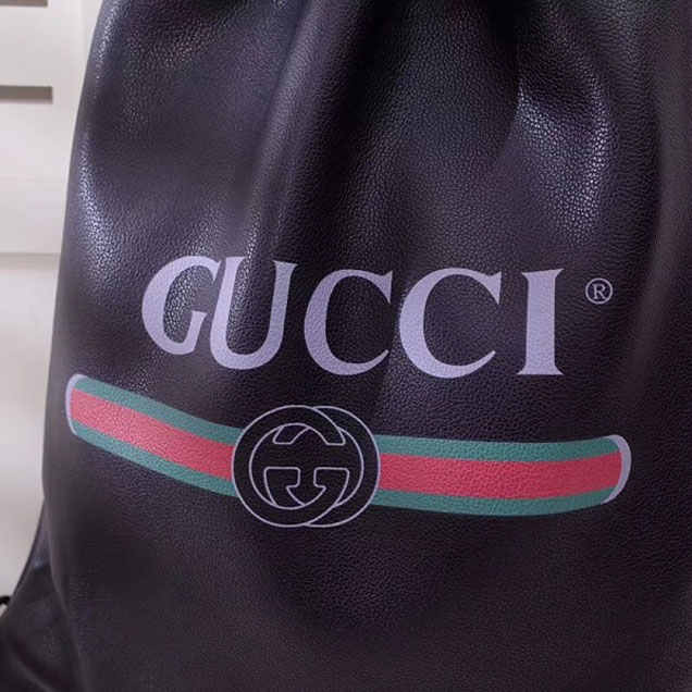 Gucci Print Leather Vintage Logo Drawstring Backpack Bag 494053 Black 2018
