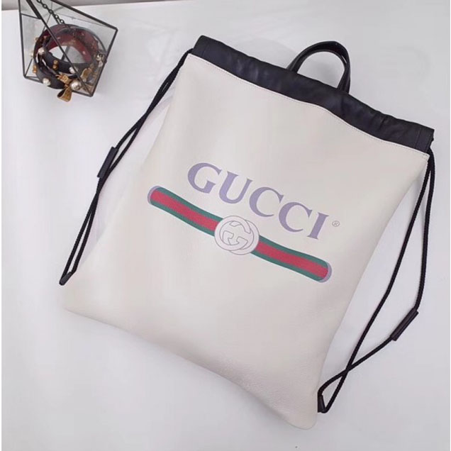 Gucci Print Leather Vintage Logo Drawstring Backpack Bag 494053 White 2018