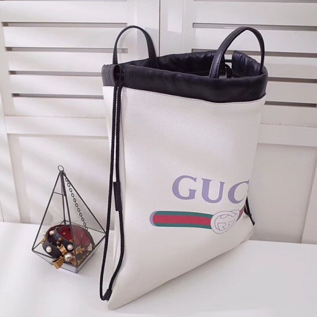 Gucci Print Leather Vintage Logo Drawstring Backpack Bag 494053 White 2018