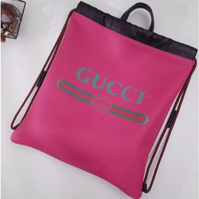 Gucci Print Leather Vintage Logo Drawstring Backpack Bag 494053 Fuchsia 2018
