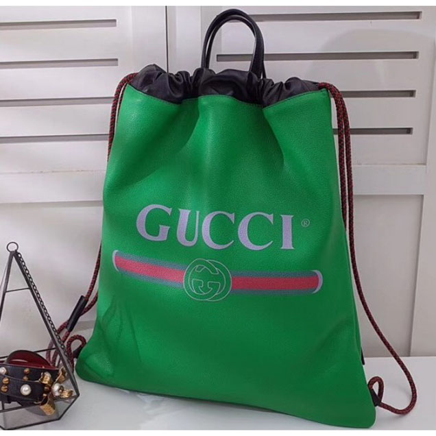 Gucci Print Leather Vintage Logo Drawstring Backpack Bag 494053 Green 2018