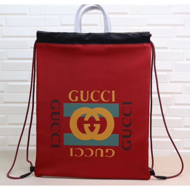 Gucci Print Leather Vintage Logo Drawstring Backpack Bag 494053 Red 2018
