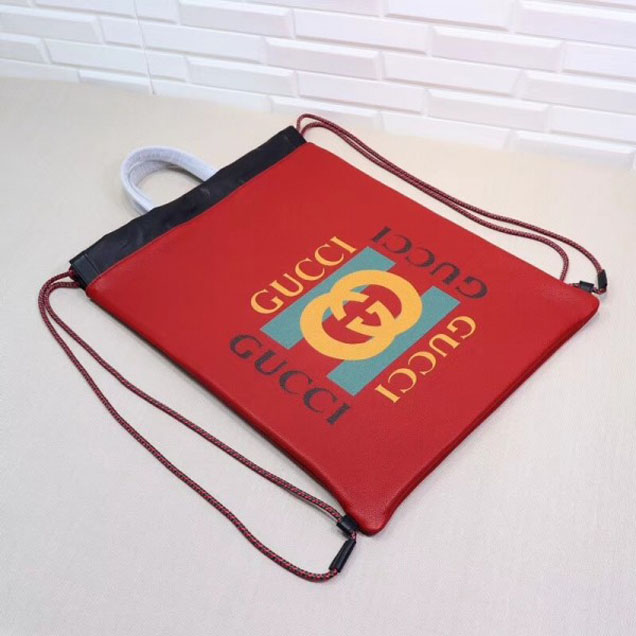 Gucci Print Leather Vintage Logo Drawstring Backpack Bag 494053 Red 2018