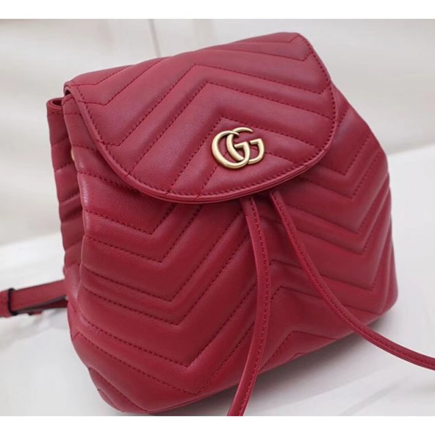 Gucci GG Marmont Matelassé Chevron Leather Backpack Bag 528129 Red 2018