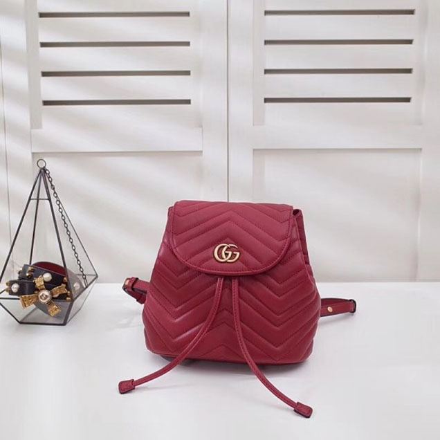 Gucci GG Marmont Matelassé Chevron Leather Backpack Bag 528129 Red 2018