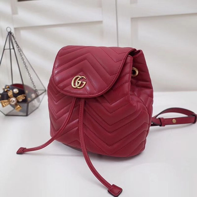 Gucci GG Marmont Matelassé Chevron Leather Backpack Bag 528129 Red 2018