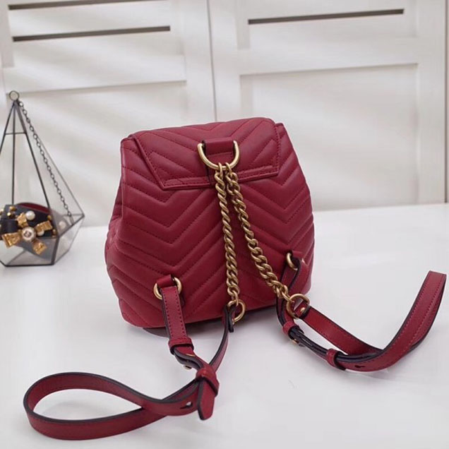 Gucci GG Marmont Matelassé Chevron Leather Backpack Bag 528129 Red 2018