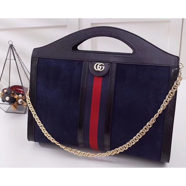 Gucci Suede Ophidia Web Medium Top Handle Tote Bag 512957 Dark Blue 2018