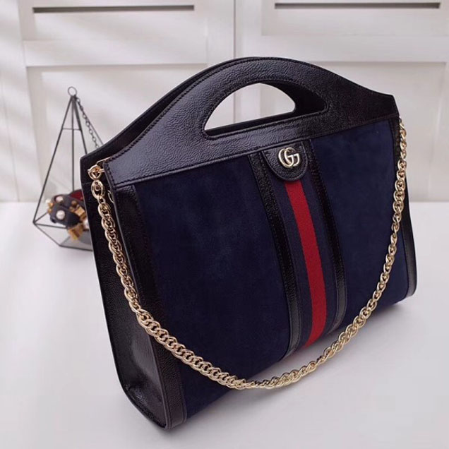 Gucci Suede Ophidia Web Medium Top Handle Tote Bag 512957 Dark Blue 2018