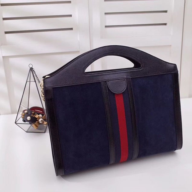 Gucci Suede Ophidia Web Medium Top Handle Tote Bag 512957 Dark Blue 2018