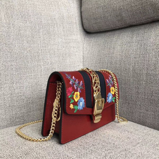 Gucci Sylvie Web Patent Leather Mini Chain Bag 494646 Red Embroidered Flower 2018