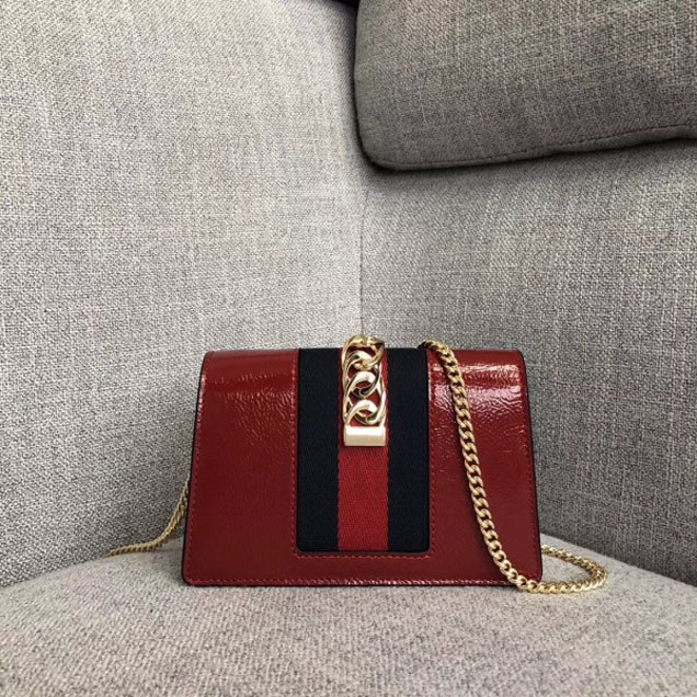 Gucci Sylvie Web Patent Leather Mini Chain Bag 494646 Red Embroidered Flower 2018