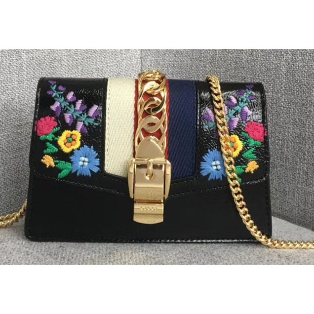 Gucci Sylvie Web Patent Leather Mini Chain Bag 494646 Black Embroidered Flower 2018