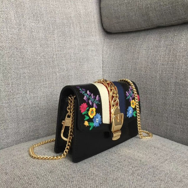 Gucci Sylvie Web Patent Leather Mini Chain Bag 494646 Black Embroidered Flower 2018