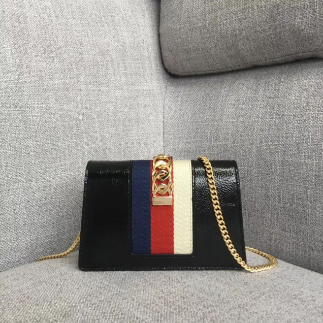 Gucci Sylvie Web Patent Leather Mini Chain Bag 494646 Black Embroidered Flower 2018