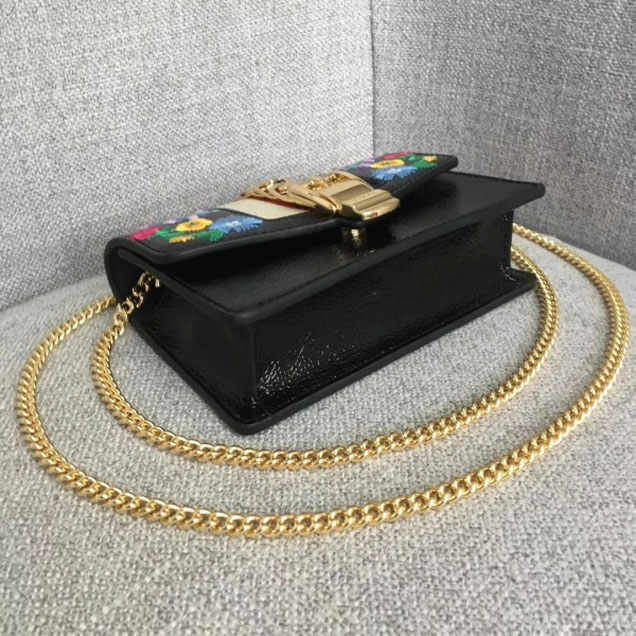 Gucci Sylvie Web Patent Leather Mini Chain Bag 494646 Black Embroidered Flower 2018