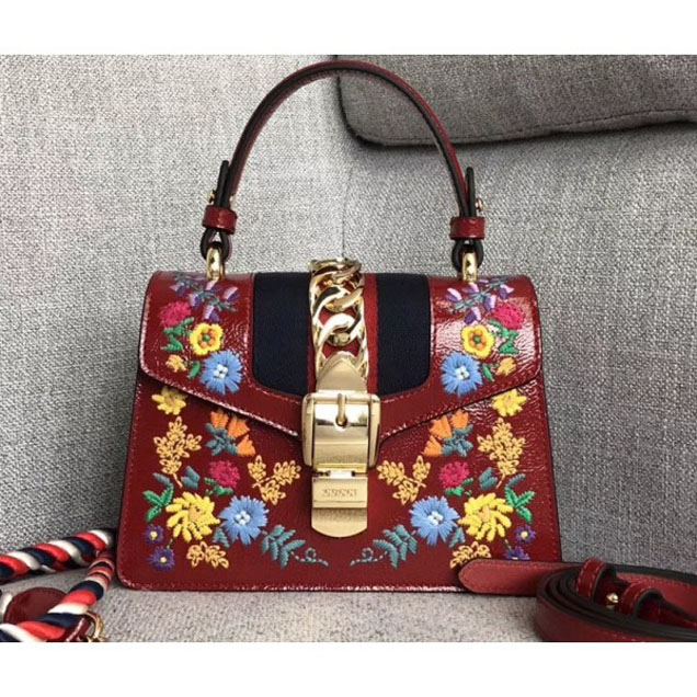 Gucci Sylvie Web Patent  Leather Top Handle Shoulder Mini Bag 470270 Red Embroidered Flower 2018