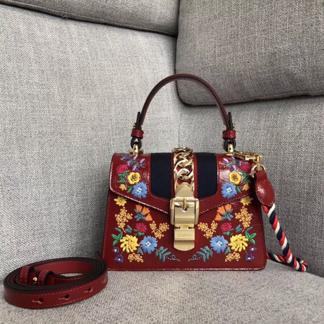 Gucci Sylvie Web Patent  Leather Top Handle Shoulder Mini Bag 470270 Red Embroidered Flower 2018