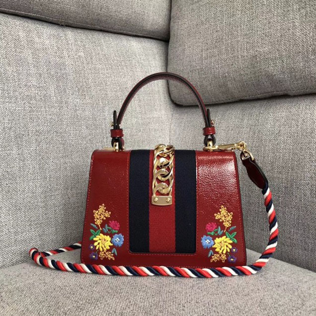 Gucci Sylvie Web Patent  Leather Top Handle Shoulder Mini Bag 470270 Red Embroidered Flower 2018