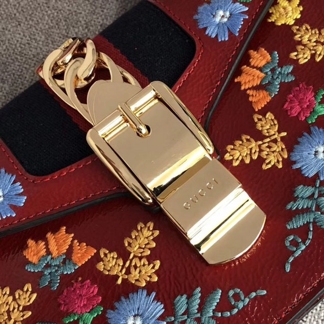Gucci Sylvie Web Patent  Leather Top Handle Shoulder Mini Bag 470270 Red Embroidered Flower 2018