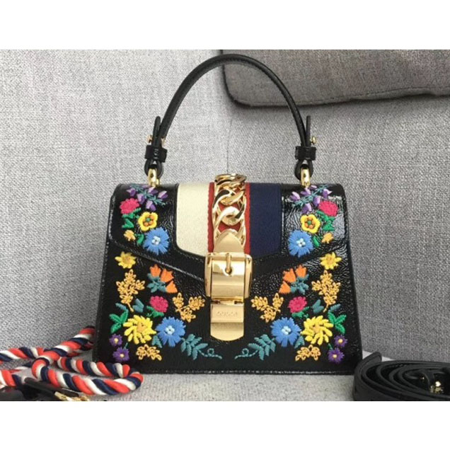 Gucci Sylvie Web Patent Leather Top Handle Shoulder Mini Bag 470270 Black Embroidered Flower 2018