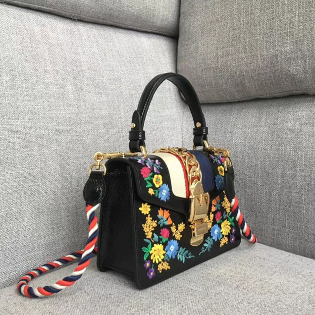 Gucci Sylvie Web Patent  Leather Top Handle Shoulder Mini Bag 470270 Black Embroidered Flower 2018