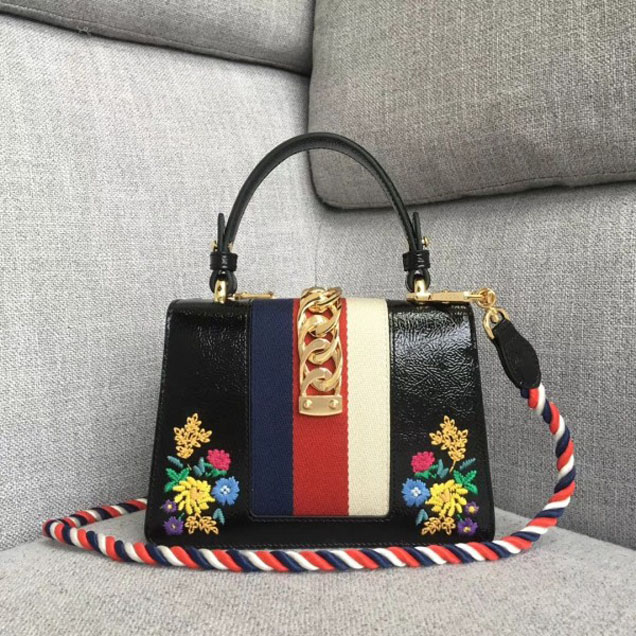 Gucci Sylvie Web Patent  Leather Top Handle Shoulder Mini Bag 470270 Black Embroidered Flower 2018
