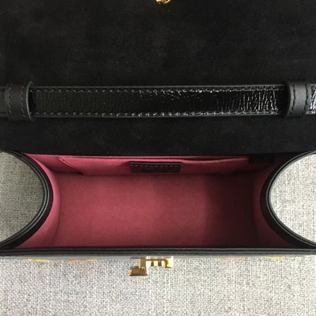 Gucci Sylvie Web Patent  Leather Top Handle Shoulder Mini Bag 470270 Black Embroidered Flower 2018
