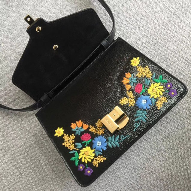 Gucci Sylvie Web Patent  Leather Top Handle Shoulder Mini Bag 470270 Black Embroidered Flower 2018