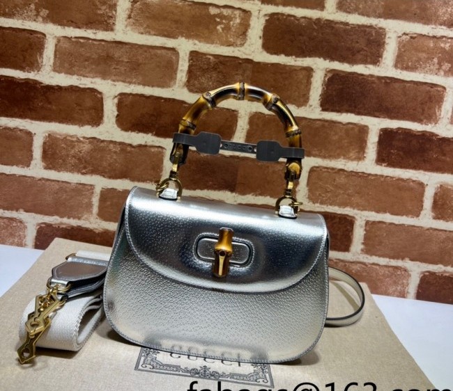 Gucci Leather Small Top Handle Bag with Bamboo ?675797 Silver 2022