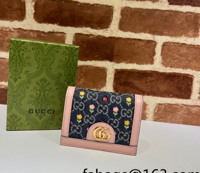 Gucci Ophidia GG Denim Card Case Wallet with Floral Embroidery? and Love Motif 523155 Pink/Blue 2022