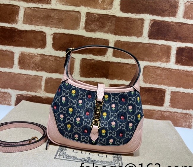 Gucci Jackie 1961 GG Denim Mini Shoulder Bag with Floral Embroidery? and Love Motif 637092 Pink/Blue 2022