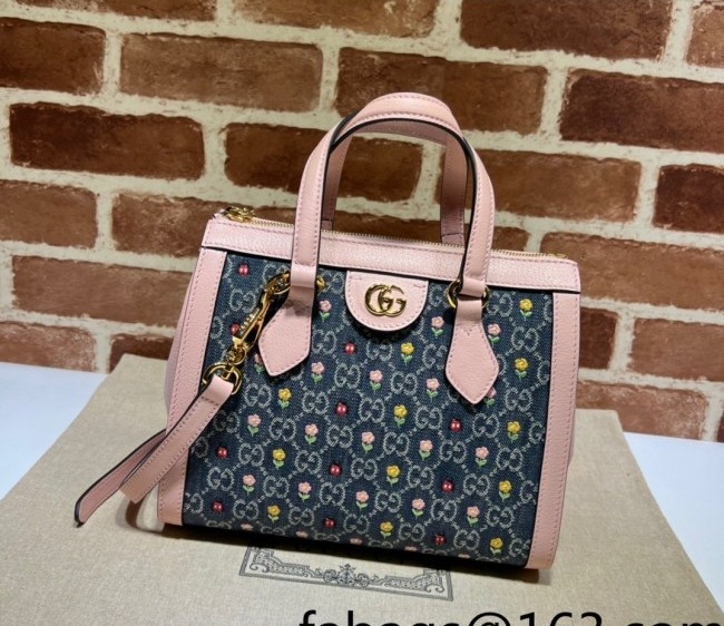 Gucci Ophidia Small GG Denim Tote Bag with Floral Embroidery? and Love Motif 547551 Pink/Blue 2022