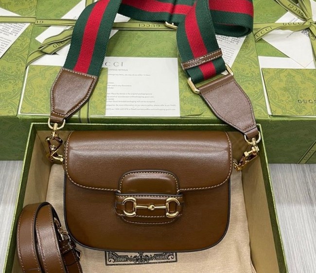 Gucci Horsebit 1955 Mini Bag with Green and red Web Strap 658574 Brown 2021