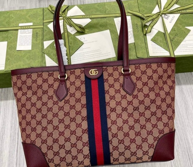 Gucci Ophidia GG Canvas Medium Tote Bag with Web 631685 Beige/Burgundy 2021