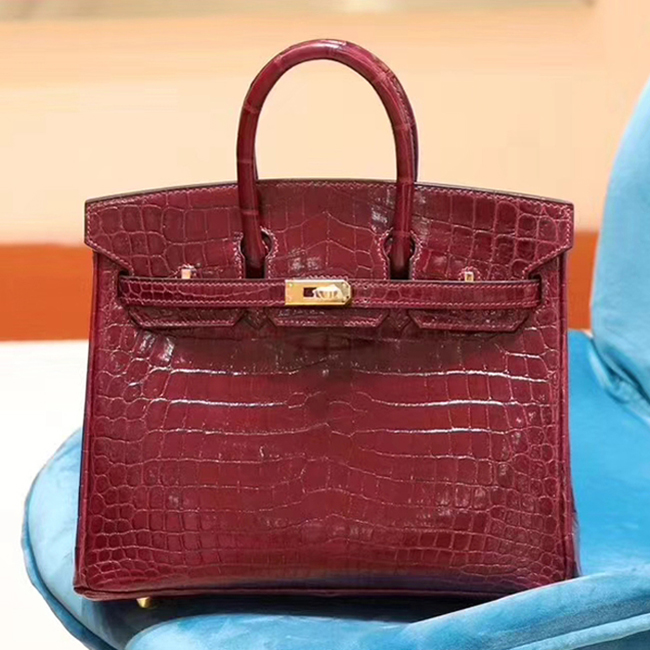 Hermes Birkin Bag 25cm Shiny Niloticus Crocodile Skin Bag Handstitched Palladium Hardware Burgundy