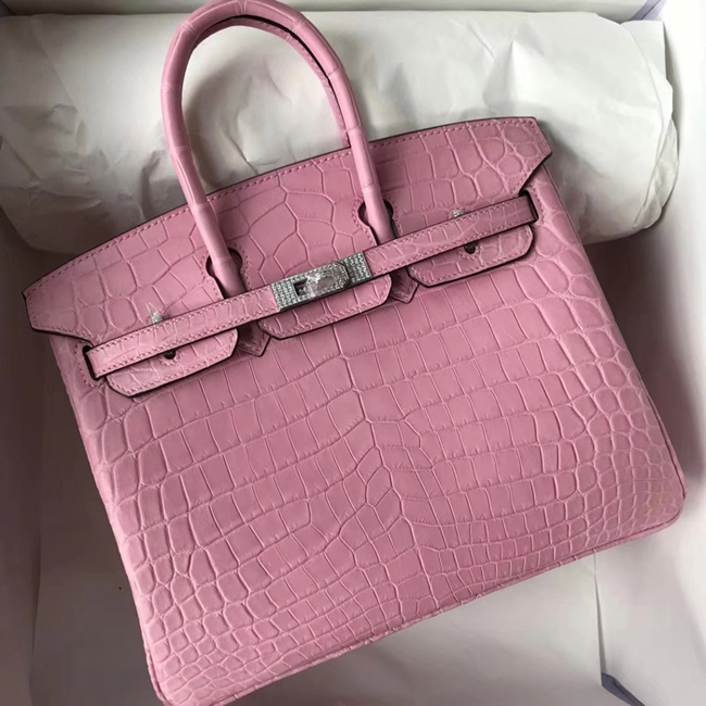 Hermes Birkin Bag 25cm Shiny Niloticus Crocodile Skin Bag Handstitched Palladium Hardware Pink