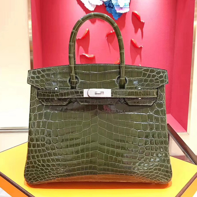 Hermes Birkin Bag 30cm Shiny Niloticus Crocodile Skin Bag Handstitched Palladium Hardware Green